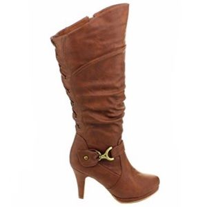 Knee Lace-up Slouched High Heel Brown Boots